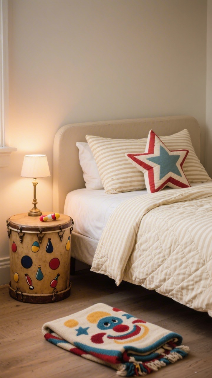Medium vignette of playful bedding and curated props: bed dressed with cream pinstripe sheets, a bold striped or diamond-stitched duvet, and a single novelty accent pillow shaped like a star; beside the bed, a vintage drum repurposed as a side table with a small lamp; a subtle juggler motif throw folded at the foot; avoid clown imagery; warm, cozy lighting; photorealistic, straight-on bed corner view.