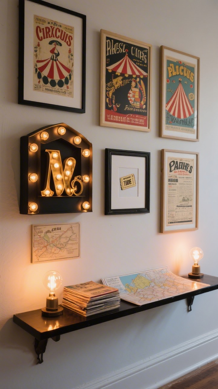 Medium wall vignette with vintage circus art: a salon-style arrangement of framed circus posters, hand-lettered playbills, and a matted ticket stub in black and brass frames; a small marquee-style letter sign with warm globe bulbs displaying initials, softly glowing; include a console shelf with a stack of flea-find fair maps; evening ambience with warm bulb reflections; photorealistic, straight-on wall shot.