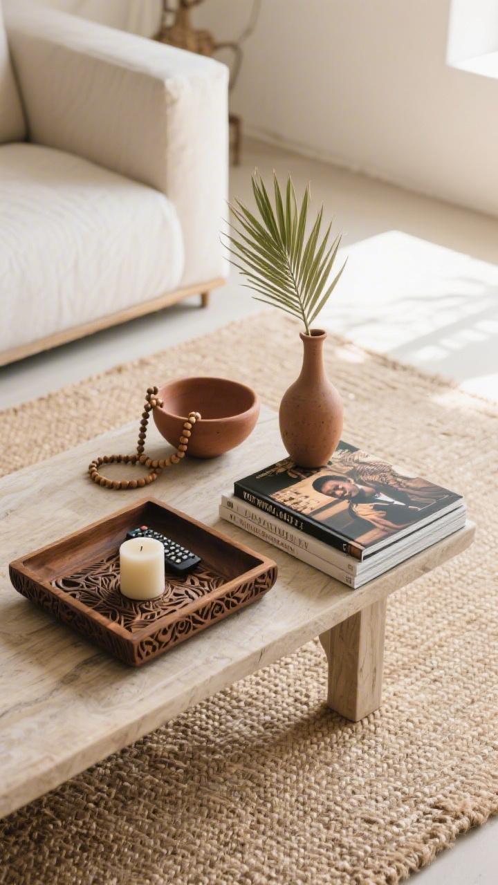 Overhead detail shot of a styled coffee table: a carved wood tray corralling a remote and candle, two stacked coffee-table books on African photography and design, a small clay bowl with a beaded strand adding height, and a petite vase holding palm fronds; arranged on a jute rug; intentional negative space to avoid clutter; natural daylight from one side