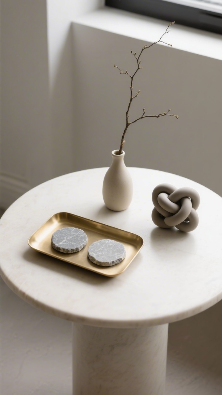 Overhead detail shot of a tiny round side table styled with the Three-Item Rule: a slim brass tray with a stone coaster set (functional), a small bud vase holding a single branch (organic), and a sculptural matte ceramic knot (sculptural); minimal palette, intentional spacing, soft shadows from nearby window light.