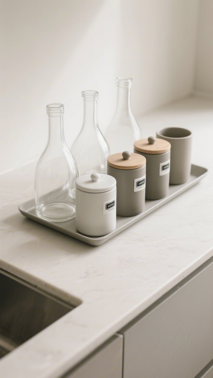 Overhead detail shot of minimalist decanting: clear glass canisters and matte ceramic jars neatly arranged on a slim tray, discreet uniform labels (2–3 styles max), grouped by material; only daily-use items on a light countertop, everything else implied off-camera; soft natural light emphasizing clean shapes and reduced visual clutter.