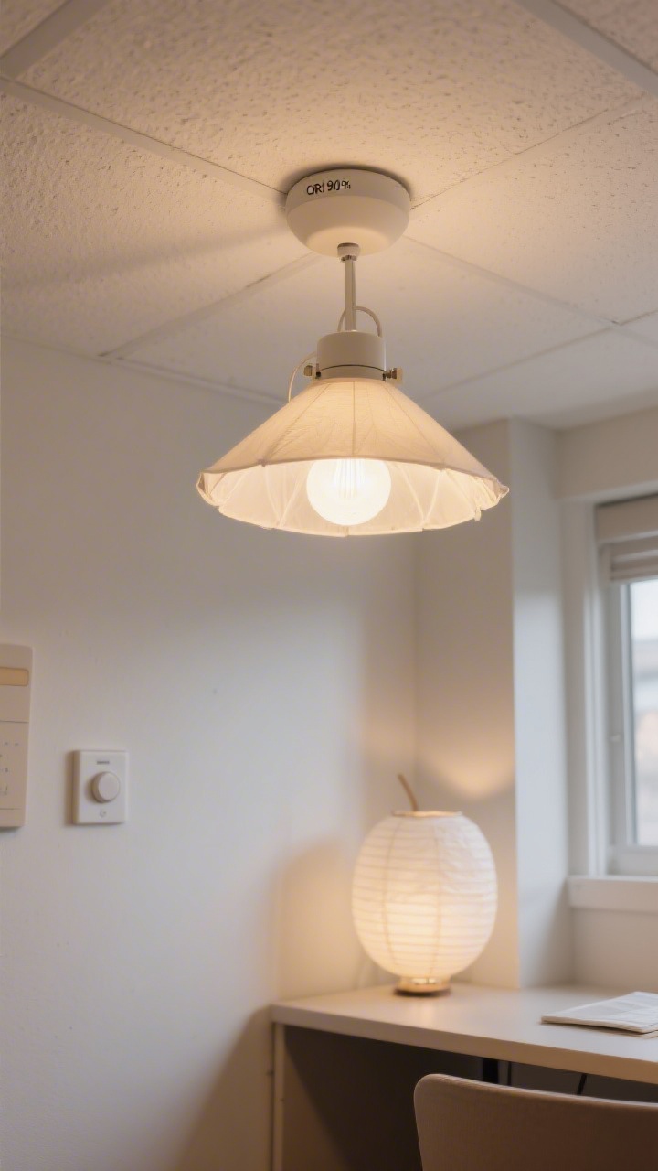 Photorealistic closeup detail of a dorm ceiling fixture transformed for comfort: a warmer LED bulb (2700–3000K) labeled CRI 90+ visible through a clip-on diffusion shade that softens glare; include a paper lantern option nearby on a desk as an alternative (clearly not installed) to suggest a permitted approach; show a smart switch on the wall or a compact stick-on dimmer in-frame to imply brightness control; overhead perspective showcasing the softened ambient wash on a white ceiling and gentle shadows on adjacent walls