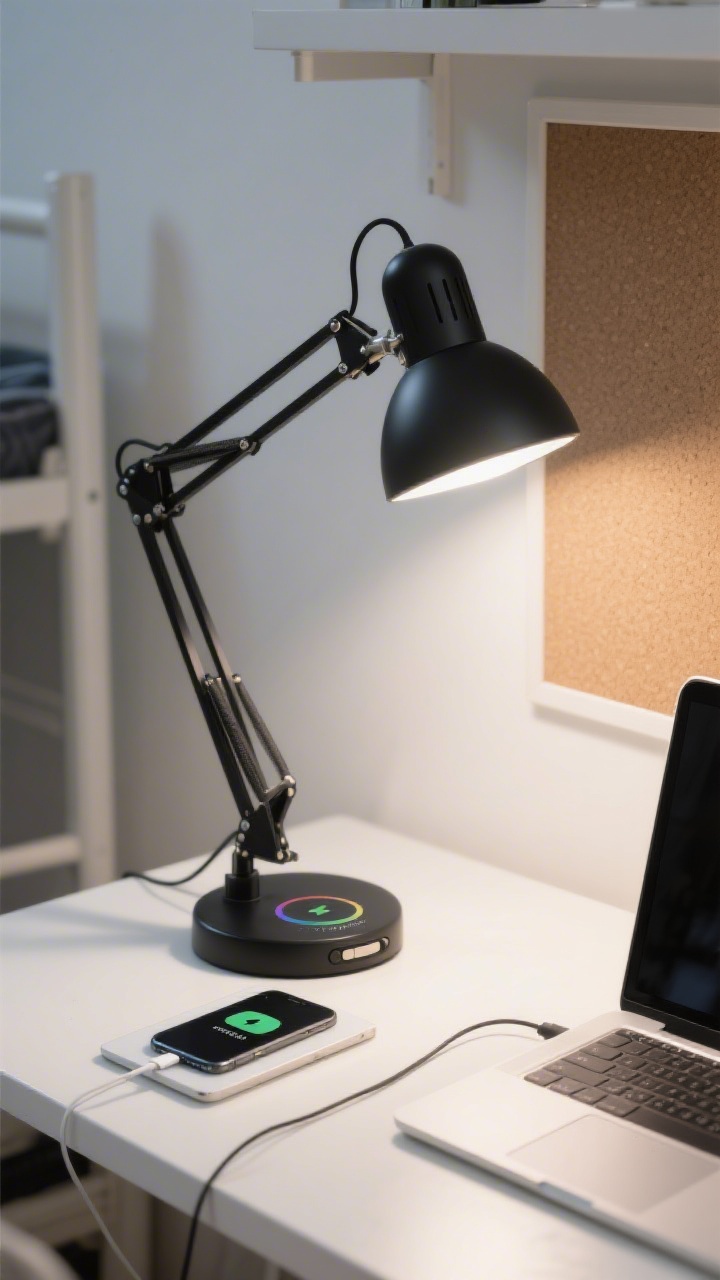 Photorealistic closeup detail of a modern matte-black desk lamp with adjustable arms and a rotating head casting a focused pool of light onto a dorm desk; lamp interface shows color temperature control from 2700K to 6500K and a smooth dimmer slider; a phone rests on the lamp’s wireless charging base while a USB cable charges a tablet; the beam is aimed down and away from a laptop screen to avoid glare; cool-white setting on the desk surface transitions to warmer white on a nearby corkboard; side angle emphasizing joints, textures, and soft shadow falloff