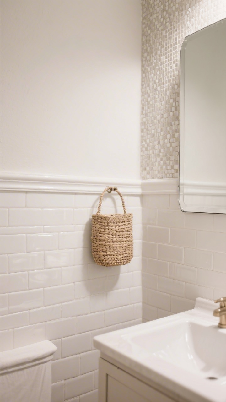 Photorealistic closeup of a monochrome half bath palette in soft warm whites: matte wall paint, satin-finish trim, glossy white subway tile backsplash, and a woven natural-fiber basket; nuanced textures emphasized—linen-look wallpaper above the tile, micro-mosaic detail near the vanity; large mirror edge just visible; bright but soft lighting to highlight textures over pattern; shot as a tight detail from a side angle.
