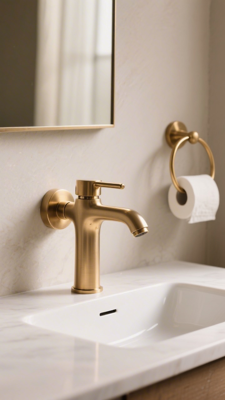 Photorealistic closeup of a statement faucet moment: a sleek brushed brass wall-mounted tap over a minimal white basin, with matching brass towel ring and TP holder; countertop kept clear to spotlight the faucet; neutral backdrop with soft, even lighting; streamlined levers, no busy handles; shallow depth of field to make the faucet gleam as the star.
