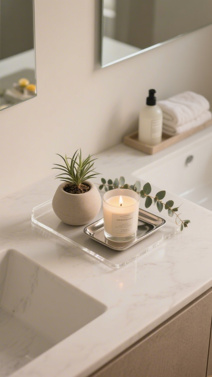 Photorealistic closeup vignette of minimalist styling: a single small plant, one candle, and a sleek tray on a clear vanity surface; grouped in threes, coordinated in a restrained neutral palette; no extra bottles or mismatched towels in view; subtle eucalyptus or citrus suggestion via labeled candle; soft, warm lighting for a curated, uncluttered look; shot overhead at a slight angle to emphasize composition.