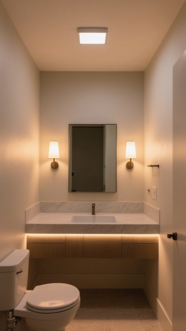 Photorealistic detail-to-medium composite feel: a small half bath lit in layers—warm 2700–3000K tones—featuring a flush-mount overhead fixture for ambient light, matching sconces at eye level flanking a mirror for shadow-free task lighting, and a subtle LED strip glowing under the vanity toe-kick; satin-finish walls reflect gentle light; shot straight-on, focusing on the interplay of the three lighting sources.