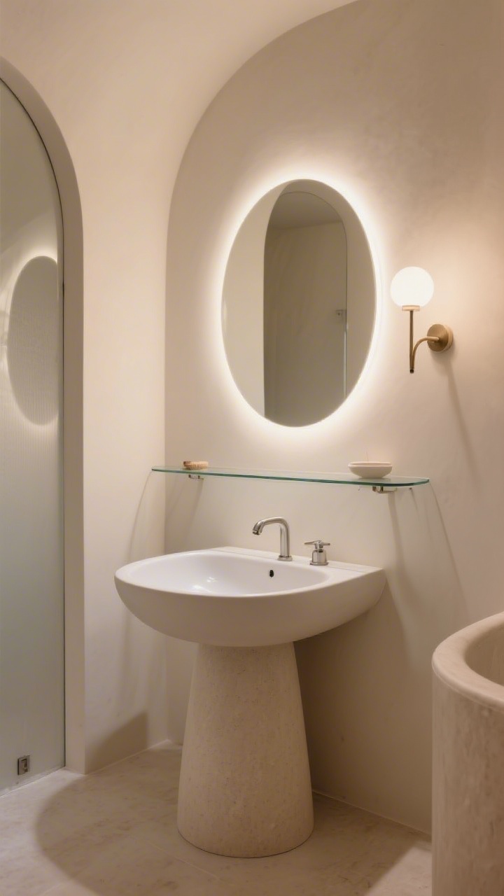 Photorealistic detail-to-medium shot highlighting curves: an oval pedestal sink paired with a round backlit mirror casting a soft halo; rounded-edge glass shelf and curved-arm sconces; gentle, warm lighting and pale walls reduce visual bulk; minimal accessories; captured from a corner angle to emphasize the flow of curved forms.