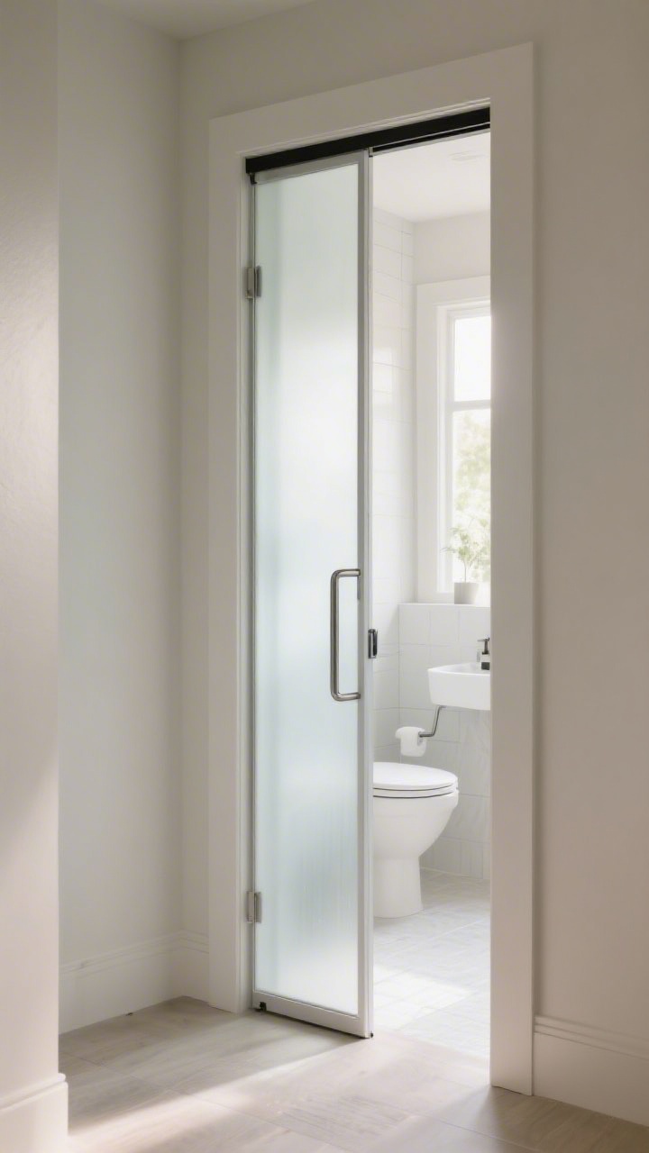 Photorealistic medium shot featuring door solutions: a frosted glass pocket door partially open, letting natural light spill into the half bath while maintaining privacy; the door and adjacent trim painted to match the wall color for a seamless look; slim modern handle hardware; neutral palette with soft daylight glow; shot from the hallway looking into the bath at a slight angle.