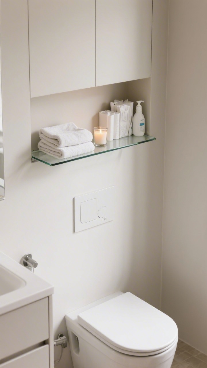 Photorealistic medium shot focusing on airy storage: slim glass shelf mounted above the toilet holding folded hand towels and a small candle; recessed wall niche stocked neatly with spare paper and cleaning supplies; open items limited to a tight neutral palette; minimal cabinetry, no bulk; clean, bright lighting that makes the glass shelf visually disappear; shot slightly overhead to capture shelf transparency and niche depth.