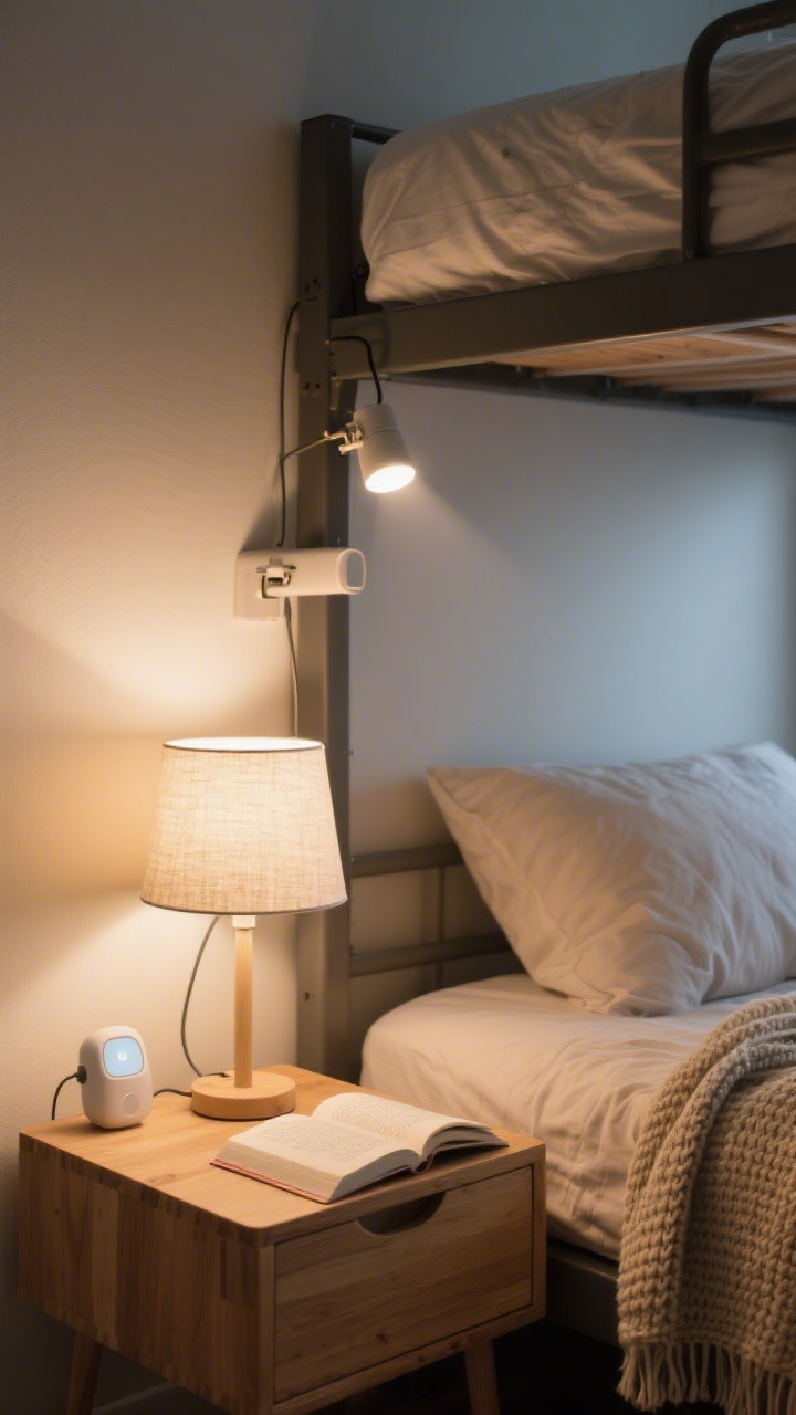 Photorealistic medium shot of a dorm bedside setup with a mini lamp featuring a fabric shade emitting warm white light (2700–3000K) on a small wooden nightstand; a clip-on reading light is attached to a lofted bed frame, directing a gentle beam onto an open book without spilling into the rest of the room; include a smart bulb glow in the lamp with a subtle dimmed setting; bedding is neutral with a soft knit throw to enhance the mellow end-of-day vibe; corner angle capturing both fixtures and their layered, calming light