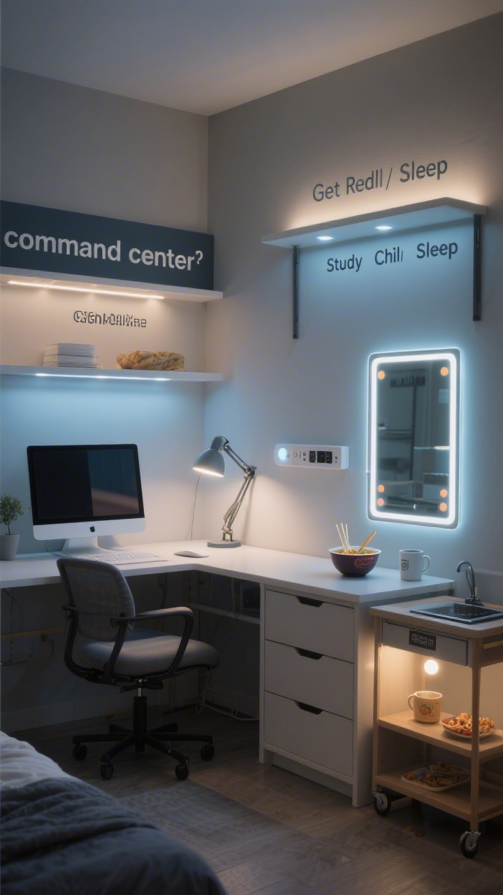 Photorealistic medium shot of a dorm “command center” with three distinct lighting zones: Study zone—an adjustable desk lamp and subtle backlit monitor for focused, cool-neutral work light; Get-ready zone—an LED vanity mirror on a dresser with adjustable brightness buttons glowing softly; Snack zone—under-cabinet puck lights installed beneath a shelf over a small kitchenette cart illuminating a ramen bowl and mug; include a smart plug hub or power strip labeled with scene names (Study, Chill, Sleep); straight-on composition clearly separating the zones