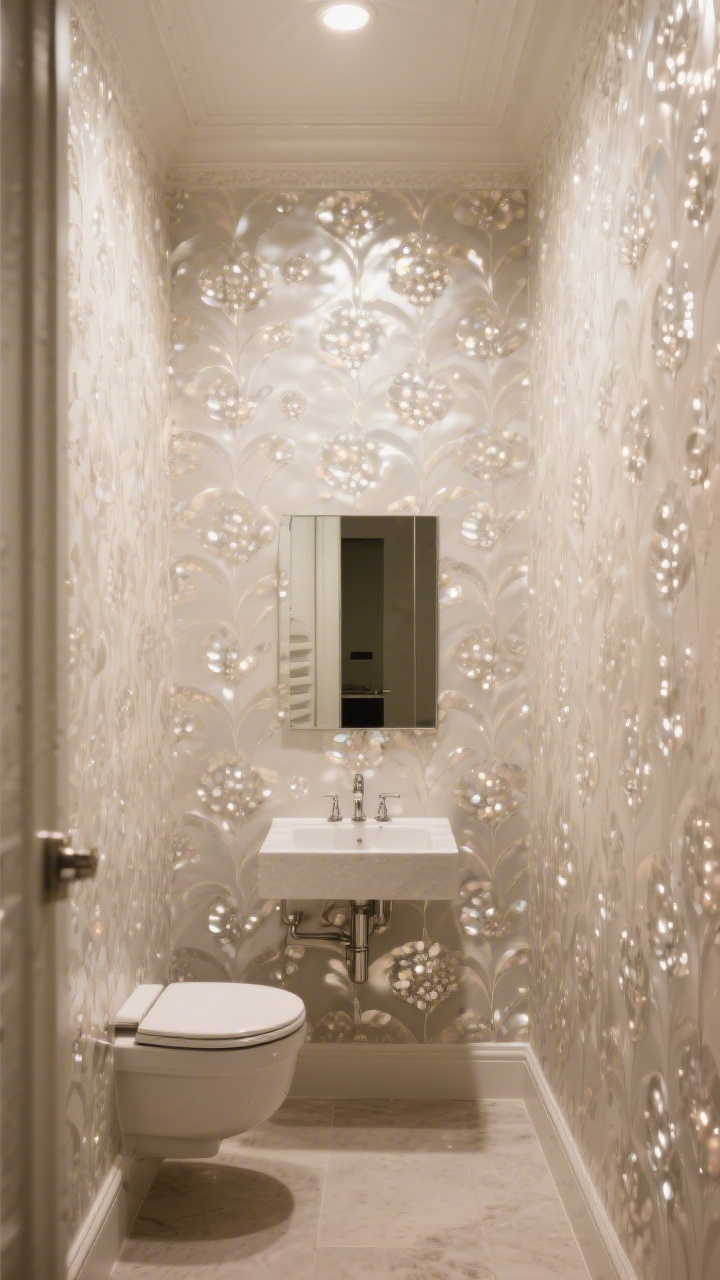 Photorealistic medium shot of a half bath wrapped in large-scale, low-contrast wallpaper with soft tones and subtle pearlescent accents that bounce light; wallpaper continues on all four walls, with a hint of a matching ceiling; a simple vanity and mirror keep focus on the pattern; warm, diffused lighting enhances metallic glints; shot straight-on to showcase uninterrupted print scale.