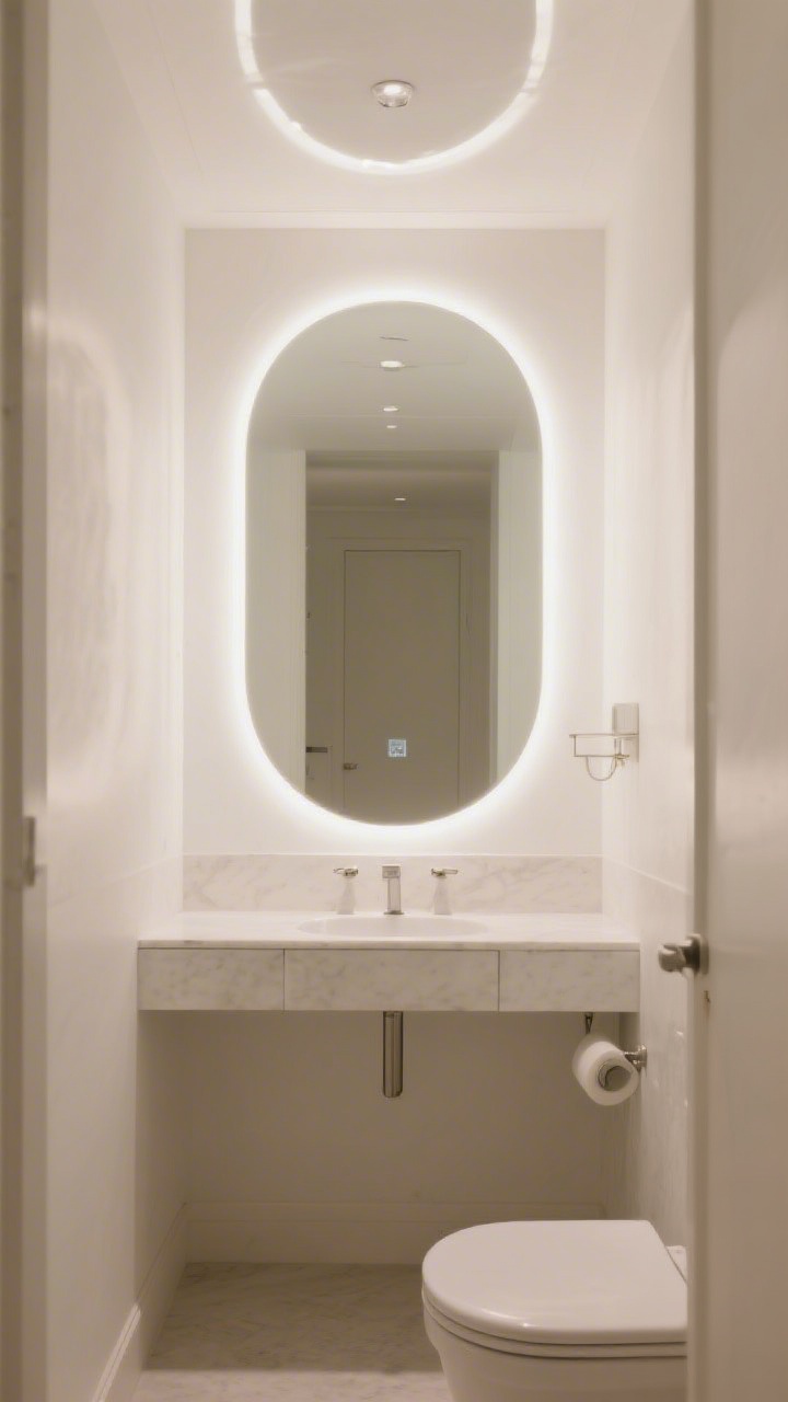 Photorealistic medium shot of a tiny half bath with a dramatically oversized arched mirror wider than the slim vanity, hung slightly higher to draw the eye up; backlit LED glow around the mirror casts a hotel-chic light, softening edges; rounded mirror shape, airy warm-white palette, minimal visual clutter; include subtle ceiling reflection to amplify space; shot straight-on to emphasize symmetry and the mirror’s scale.