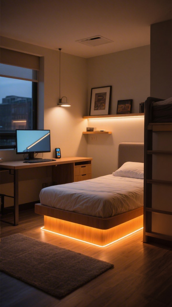 Photorealistic wide room shot of a dorm interior showcasing LED strip lights: a warm amber strip under the bed creating a floating-bed effect, another strip behind a monitor for bias lighting to reduce eye strain, and a third along the underside of a wall shelf to highlight decor; include a small remote/app controller on the desk; overall color kept subtle and cohesive in warm tones, avoiding neon; evening scene with main lights off so the strips define depth and mood; slight low corner angle to emphasize under-bed glow