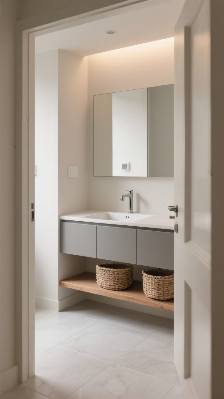 Photorealistic wide shot of a compact half bath featuring a sleek floating vanity with flat-front cabinetry and minimal hardware, mounted at standard height; wall-mounted faucet above an integrated basin; open floor beneath reveals uninterrupted large-format tile, with a narrow wood shelf under the vanity holding two woven baskets; soft ambient lighting, clean lines, neutral tones; shot from the doorway at a slight angle to showcase the floating effect.