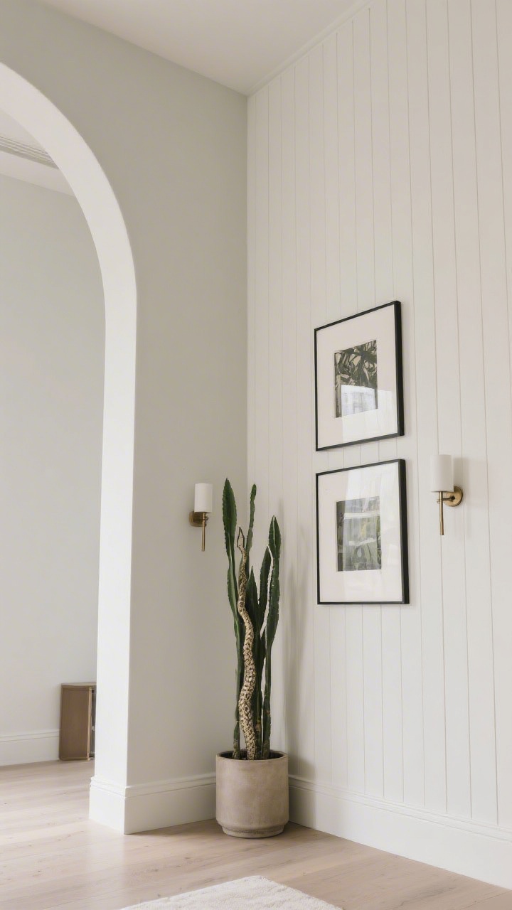 Photorealistic wide vertical shot emphasizing height: floor-to-ceiling vertical paneling/beadboard painted the same color as the wall, drawing the eye upward; a tall snake plant in a slim pot in the corner; a column of two slim framed artworks stacked between sconces; neutral palette, even, bright lighting; camera tilted slightly upward to accentuate vertical lines.
