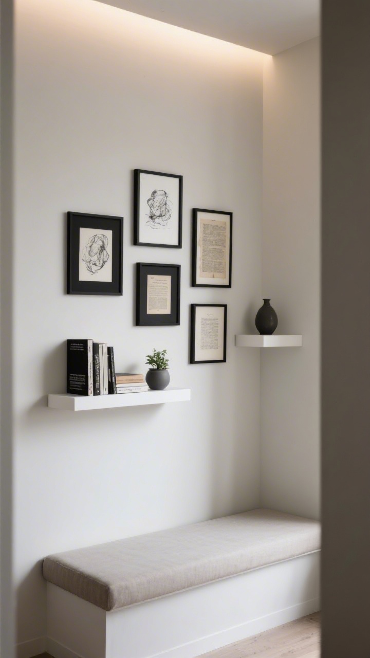 Straight-on medium shot of a mini gallery wall above a compact bench seat: a tight cluster of black-and-white sketches and vintage book pages in matching thin black frames, mixed sizes but consistent finish; two short white float shelves hold a couple of stacked books, a small matte ceramic object, and a tiny potted plant; cohesive, curated look in a small corner, neutral walls, soft indirect lighting.