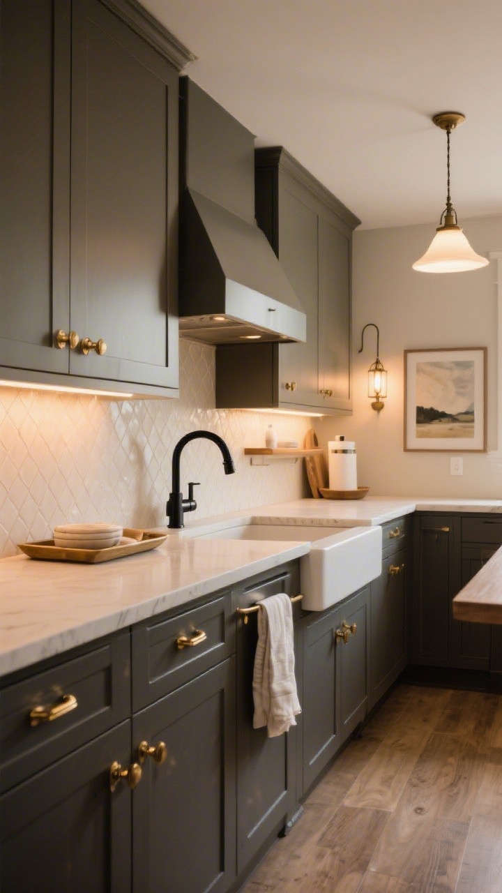 Wide, concluding scene of the kitchen showcasing multiple micro upgrades harmonized: brushed brass hardware, a matte black statement faucet with soap dispenser, warm under-cabinet lighting, subtle peel-and-stick backsplash, edited counters with a tray vignette, deep-painted lower cabinets, a single styled shelf, hidden trash and paper towels, layered sconce/pendant lighting, upgraded basics, neutral textiles, and real art; photorealistic, cozy, expensive-looking mood without visible people.