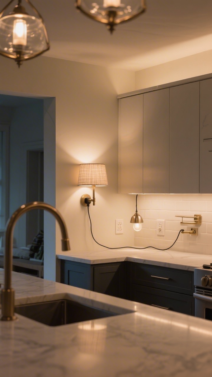Wide corner-angle shot of a kitchen with layered lighting: a plug-in sconce with a fabric shade near the backsplash and a mini pendant over the island; metals matched across fixtures; cords cleverly concealed; dimmers set to a warm evening glow for designer ambience; overall scene free of harsh overhead-only light.