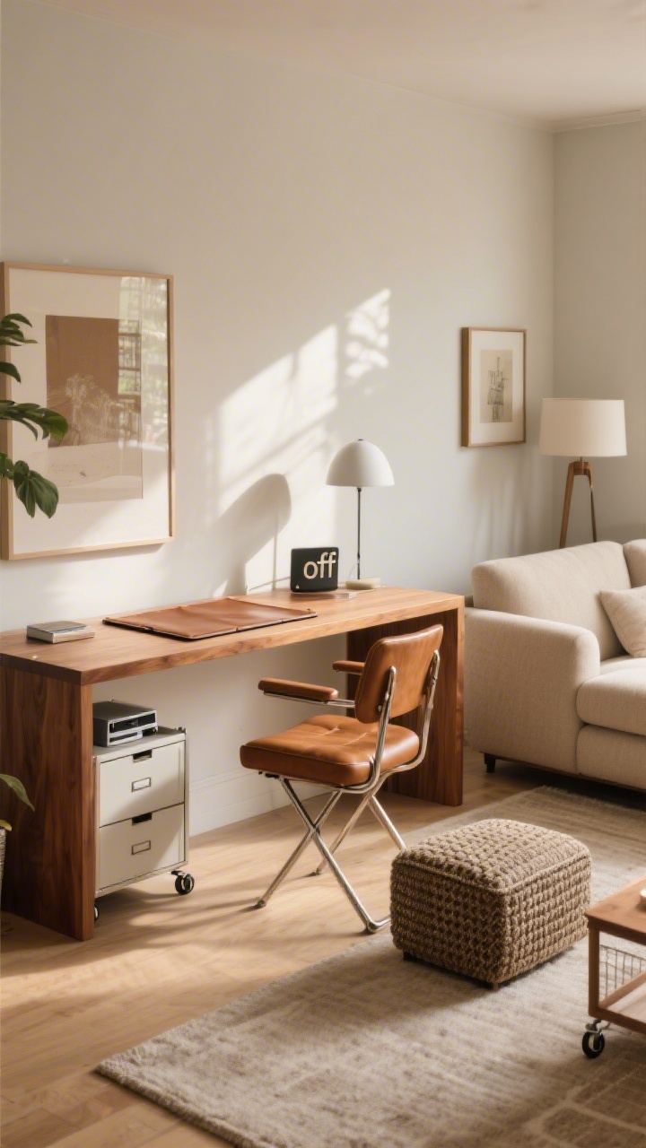 Wide shot: A living room that moonlights as an office. A stylish console table in warm wood serves as a narrow desk with a leather desk mat that can double as a placemat later. A folding chair with a cushioned seat tucks neatly away, a textured storage ottoman acts as a footrest and hides tech clutter, and a rolling file cart fits under the console. The color palette matches the room’s warm neutrals, so nothing screams “office” after hours. Natural afternoon light.
