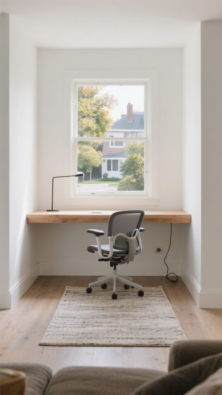 Wide shot: A small home office with a slim rectangular wooden desk floated perpendicular to the wall, centered under a window framing a leafy neighborhood view. Natural daylight floods the space, clean sightlines make the room feel open. A low-profile rug subtly zones the area within a shared living room. There is 30–36 inches of clearance behind a modern task chair, and a discreet floor grommet routes a single cable neatly to the floor. Photorealistic, airy, bright, no people.