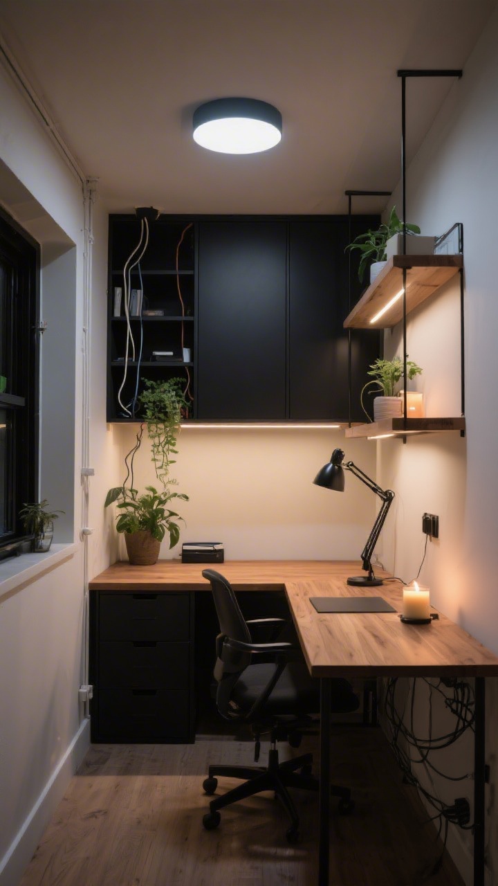 Wide shot: Conclusion-inspired composite scene of a tiny yet elevated home office showcasing vertical storage, thoughtful layered lighting, streamlined cables, and a touch of personality. Warm wood desk, matte black accents, coordinated storage, a plant, and a scented candle cue. Ambient ceiling light, task lamp, and under-shelf accent glow. The space feels productive and gorgeous, styled but uncluttered, with photorealistic evening warmth.