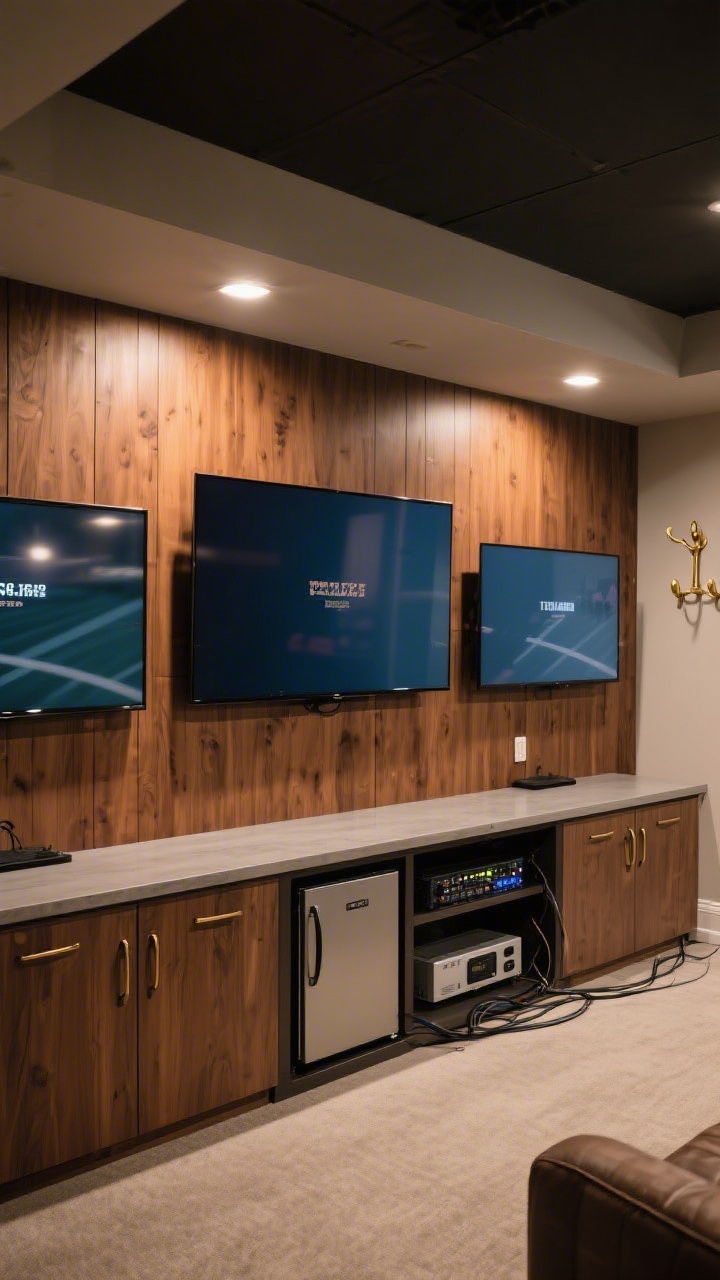 Wide shot, corner perspective of a multi-screen basement setup: one main 75-inch screen centered, flanked by two 50-inch displays, all mounted on a unified paneled backdrop in warm wood. The viewing heights align with seated eye level (center around 42–48 inches). A sleek console below houses a mini-fridge and locker-style cabinets; brass hooks on the side add a subtle clubhouse vibe. Discreet cabling suggests a matrix switcher and a single power conditioner hidden within. Balanced ambient lighting with no glare; sports-bar-meets-living-room mood.