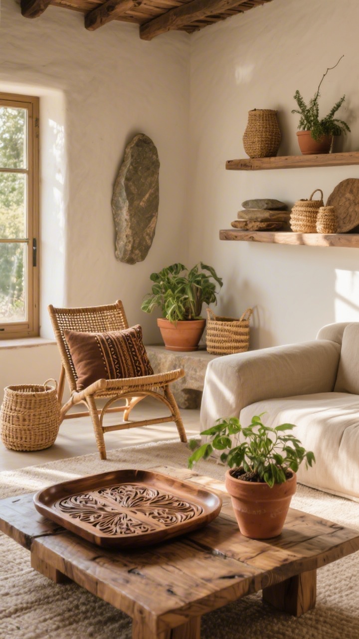 Wide shot emphasizing natural materials: a living room with a carved wood tray replacing a glossy one on a low table, terracotta planters with greenery, a vintage rattan lounge chair topped with a mud cloth cushion, jute baskets, and a stone accent on a shelf; balanced textures against a smooth fabric sofa; warm, sunlit ambiance highlighting wood grain, rattan weave, and clay patina