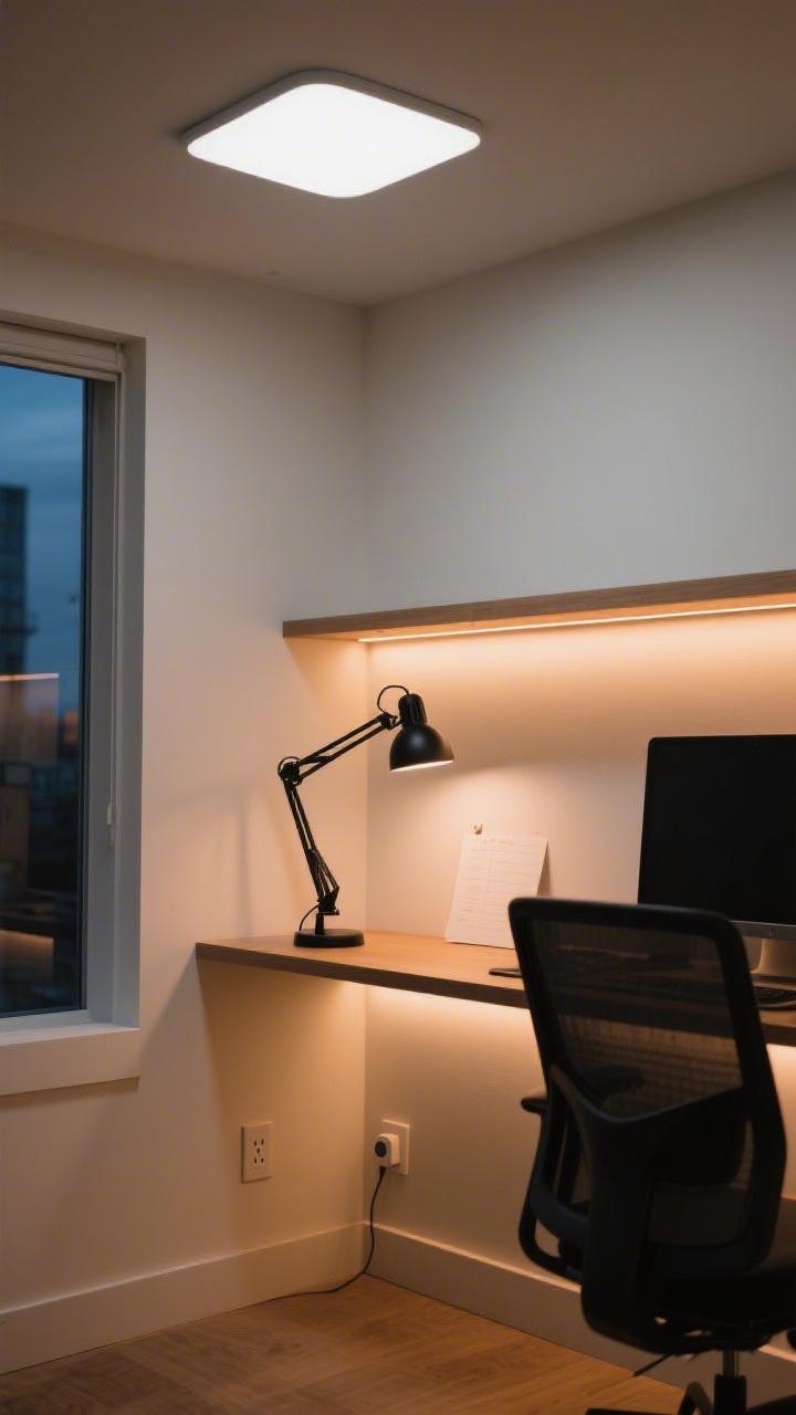 Wide shot: Layered lighting in a small office corner. Ambient glow from a modern flush mount ceiling fixture illuminates the room; a matte black adjustable task lamp with a 3000–4000K bulb lights the desktop; a warm LED strip under the floating shelf adds accent lighting. A smart plug sits discreetly near the baseboard. Lights are positioned to avoid screen glare and cast no harsh shadows on notes. Evening scene with cozy, balanced brightness.