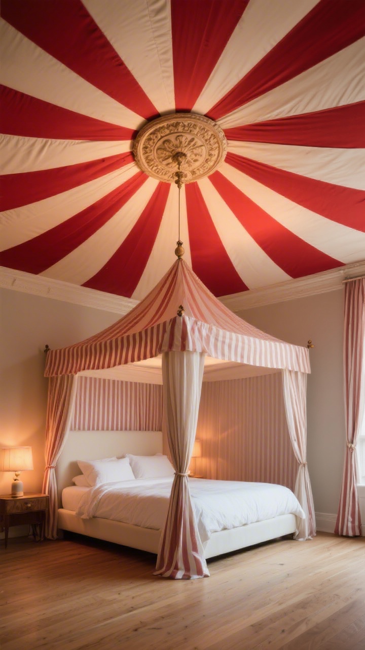 Wide shot of a bedroom with a dramatic striped canopy ceiling radiating from a central ceiling medallion: pie-slice stripes in crimson and ivory forming a Big Top effect over a bed; alternatively, sheer fabric panels and ticking stripe panels draped from a single ceiling hook to bed corners; neutral floors (light oak) and simple cream bedding to balance the bold canopy; warm evening lighting for a cozy, theatrical glow; photorealistic, straight-on view emphasizing the ceiling and canopy.