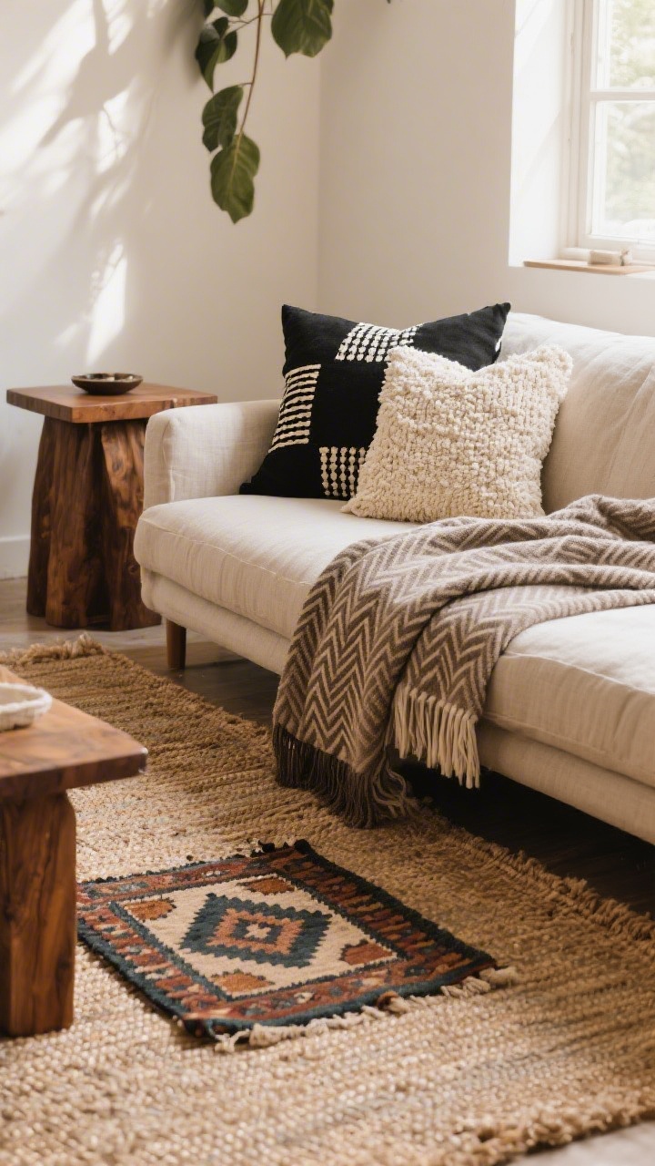 Wide shot of a cozy Afrohemian living room corner showcasing layered textiles: a plush neutral rug under a larger natural jute rug, topped with a smaller vintage-inspired kilim; a linen sofa styled with a bold black-and-ivory mud cloth pillow, a subtle taupe herringbone throw, and a nubby cream boucle pillow; warm natural daylight; earthy wood side table; the mood is curated and intentional with rich texture layers