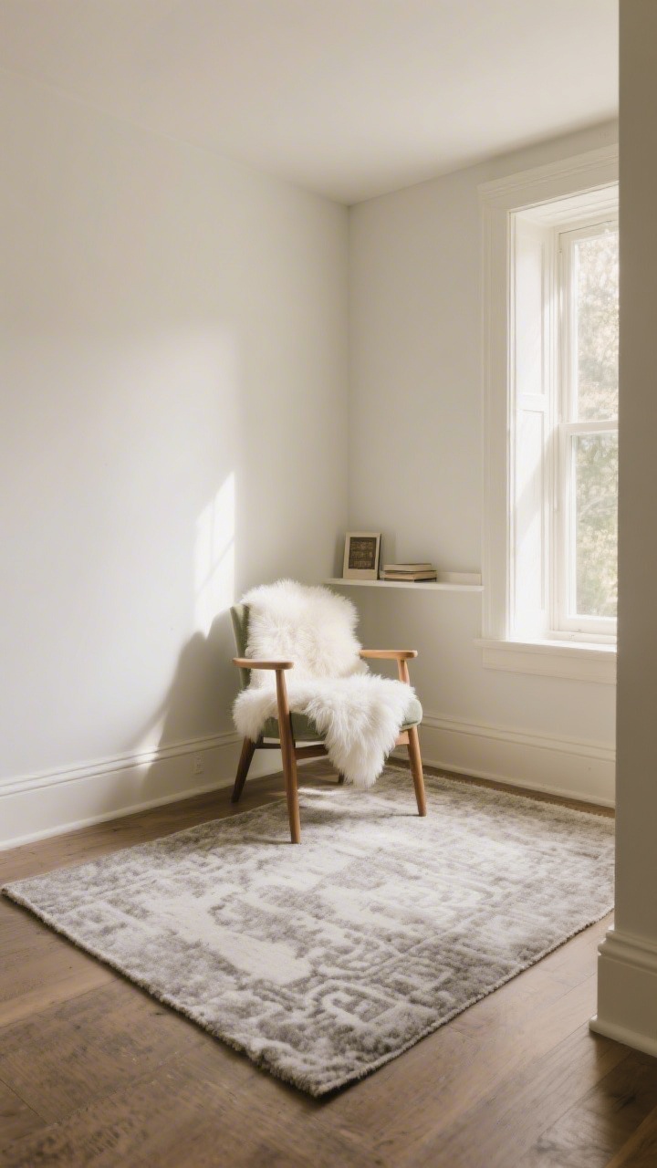 Wide shot of a petite reading zone anchored by a luxe rug: a low-pile wool rug in soft greige with a subtle vintage-wash pattern, layered with a small white sheepskin draped partially over it; the nook includes a compact chair and minimal accessories; warm morning light, clean baseboards, cozy toes vibe, clearly defining the space without overwhelming it.