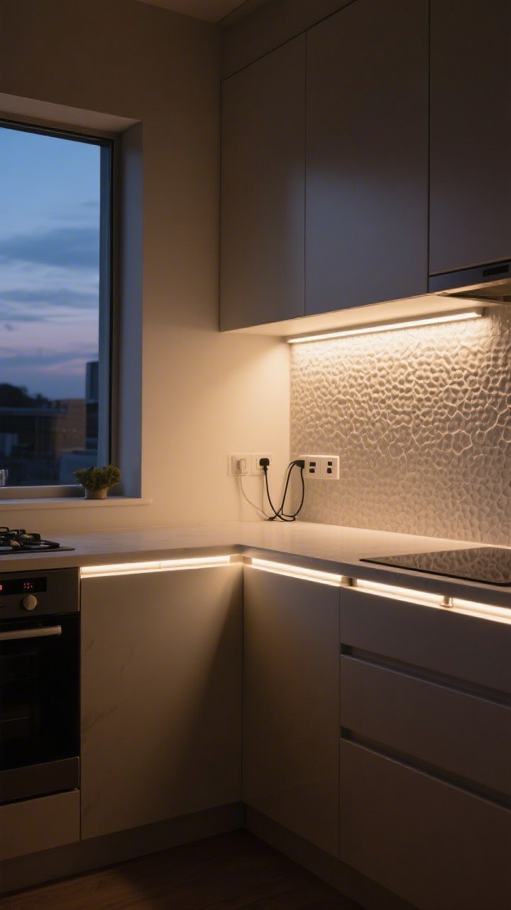 Wide shot of a small modern kitchen at dusk with warm white (2700–3000K) under-cabinet magnetic, rechargeable LED light bars illuminating the counters and making a textured backsplash glow; cords and charge ports hidden under cabinet lips; lights set to a dimmed evening mood; straight-on view capturing the cozy, high-end ambiance.