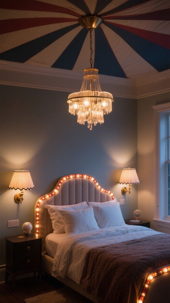 Wide shot of circus-influenced bedroom lighting: a dimmable chandelier with soft 2700K bulbs overhead, twin wall sconces flanking the bed with pleated or scalloped shades, and a subtle string of marquee-style bulbs adding vibe lighting; layered lighting shows warm glow without harshness; include globe pendant detail if visible; photorealistic, evening scene captured from a corner angle.