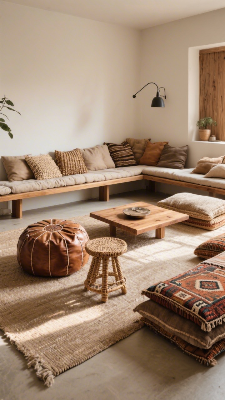 Wide shot of loungey, grounded seating: a living room with layered floor cushions, a leather pouf, a woven stool, and a kilim ottoman; a narrow wood bench serving as both coffee table and extra seating; mix of textures—leather, woven fibers, fabric; warm, relaxed lighting with soft shadows; casual gathering vibe close to the floor
