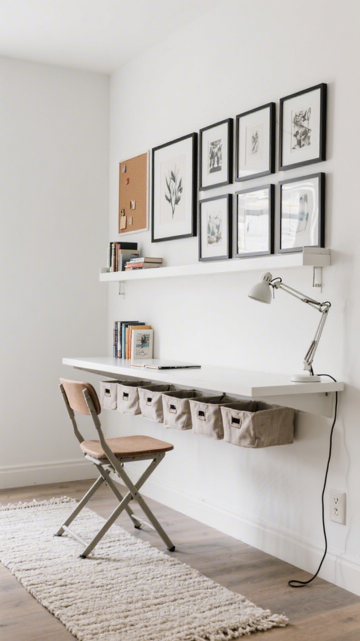 Wide shot: One-wall wonder layout. A wall-mounted narrow desk centered on a white wall, with a floating shelf 16 inches above holding books and fabric bins. A tidy grid of black-framed art and a cork pinboard occupies the space above, creating clean lines. A slender task lamp sits on the desk; a foldable chair is tucked in. A single vertical cable channel runs down to a floor outlet. A neutral runner rug defines the zone, cohesive palette repeated across bins, art, and lamp.