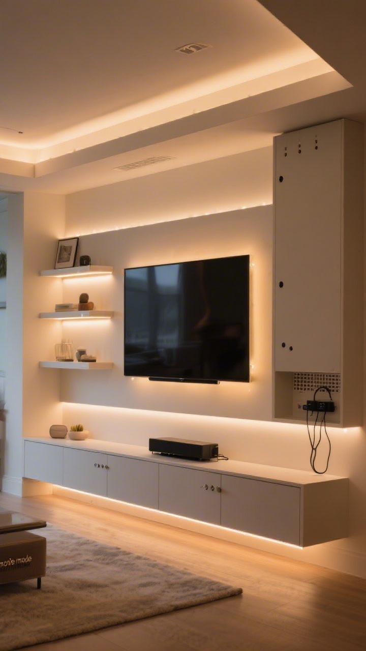 Wide shot, straight-on of a backlit TV wall showcasing layered lighting: warm white bias LEDs glowing softly behind the TV; a recessed cove at the top washing the wall with a 2700–3000K halo; floating shelves with integrated LED strips highlighting decor; and toe-kick LED strips under a low cabinet, creating a floating effect. Separate dimming levels suggest a “movie mode” ambiance. Power supplies are concealed within a ventilated cabinet with cord grommets, not visible. The overall scene reads cinematic, not overlit; balanced, cozy warmth.