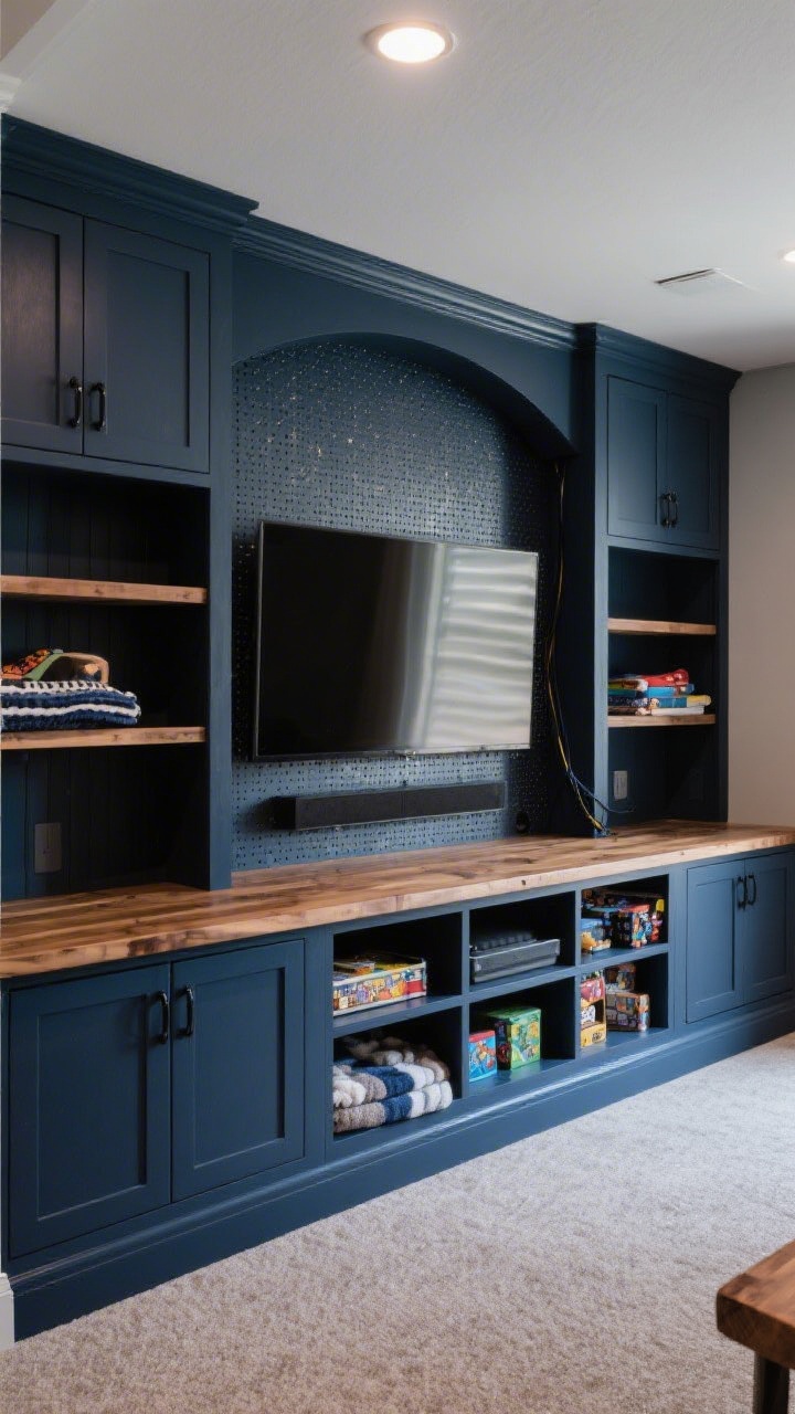 Wide shot, straight-on view of a basement TV wall with a faux built-in made from stock base cabinets and floating shelves, all painted a deep navy in a matte finish. Shaker doors with minimal black hardware, a butcher block countertop spanning the cabinets, and a centered flat-screen TV with a dedicated center channel speaker shelf hidden behind a perforated fabric panel. Trim kit unifies the unit; cords disappear into a rear channel, with 4–6 inches of ventilation revealed subtly by shadow gaps. Cozy, even lighting that showcases tidy storage for games and blankets without showing people; photorealistic, designer-level finish.