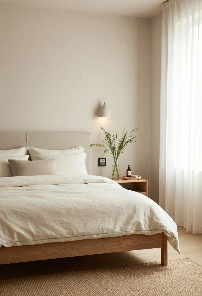 Neutral bedroom with linen-upholstered headboard, ivory bedding with sage stitching, ceramic sconces, meadow stems in glass, and a hemp rug.