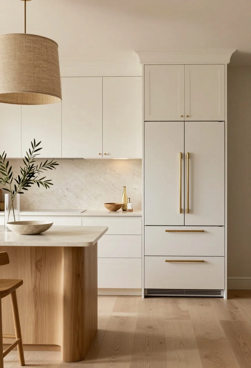 Minimalist warm-cream slab kitchen with brass tab pulls, pale limestone splash, and a rounded bleached oak island under a linen drum pendant.