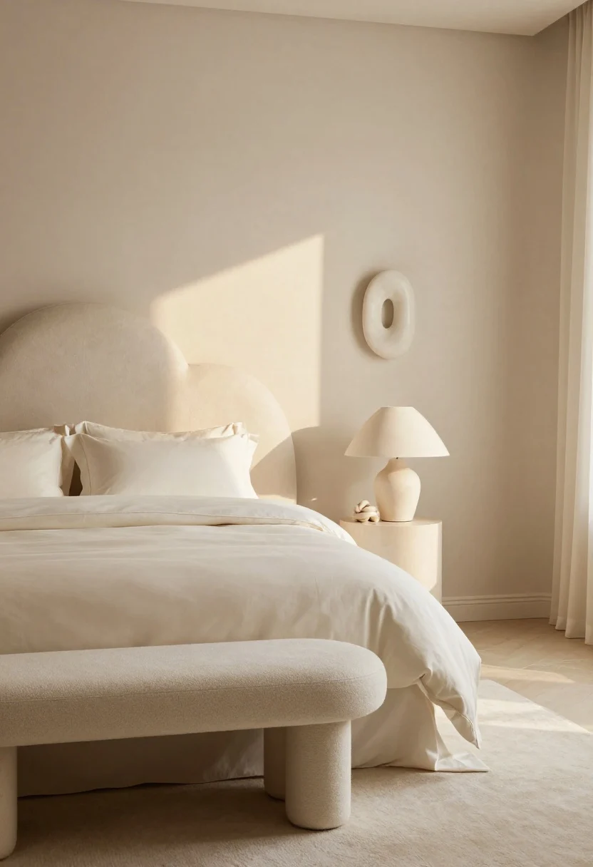 Cream-on-cream bedroom with arched upholstered headboard, ivory bouclé bench, fine wool rug, and a sculptural plaster-like lamp.