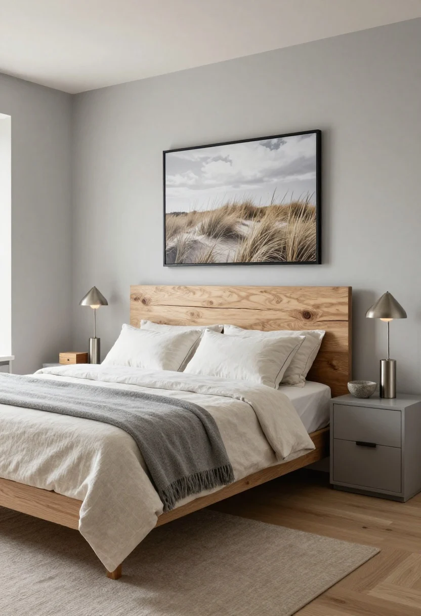 Driftwood-finish modern bedroom with horizontal plank headboard, matte black hardware, fog-gray palette, and dune grass photograph.