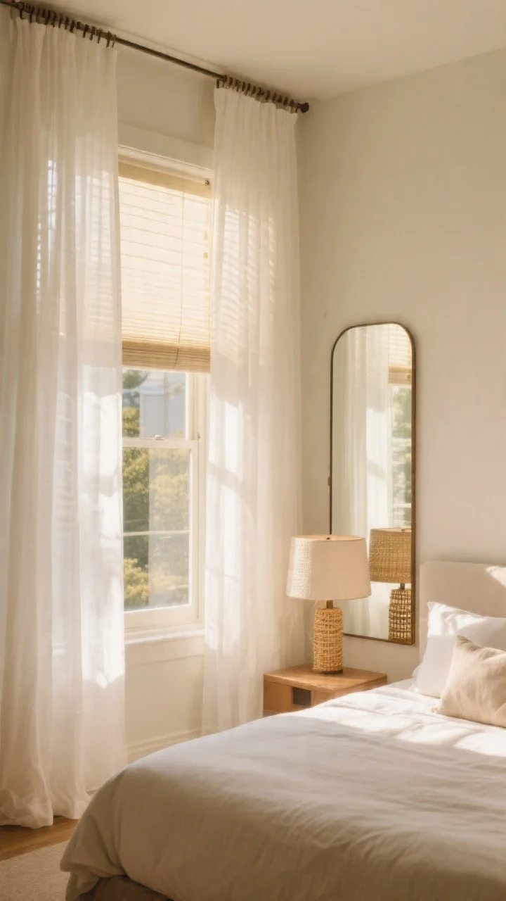 Corner-angle medium shot emphasizing maximized natural light: sheer white curtains hung on rods set high and wide to frame a tall window, sunlight diffused into the room; a slim mirror opposite the window bouncing light; bedside lamps with light linen or rattan shades; include layered window treatments with roller shades visible behind the sheers; warm, golden-hour feel simulated with 2700–3000K glow if needed; bright, airy mood.