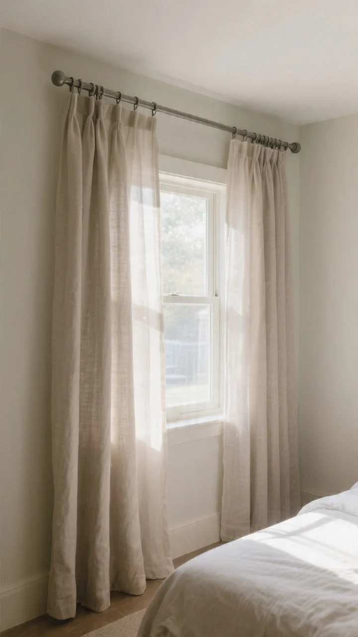 Corner angle of a small bedroom window with ceiling-mounted curtain rods and extra-wide, tone-on-tone sheer linen panels that stack beyond the window frame, matching the softly painted walls; double-rod setup with whispery sheers in front and a light-blocking liner behind; slim matte hardware without finials; sunlight filtered to a soft glow