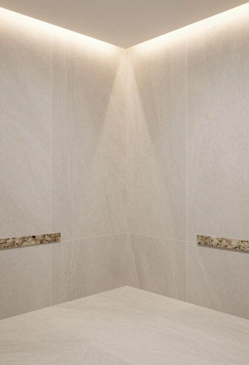 Corner-angle shot highlighting large-format vein-cut porcelain tiles in beige-gray, installed horizontally behind Fantasy Brown granite counters to create a calm, linear field with minimal grout. Rectified edges allow tight joints; matching trim pieces provide a clean termination. Warm LED under-cabinet lights (2700–3000K) enhance stone-like depth and softly graze the porcelain’s linear veining. The overall effect is streamlined and maintenance-friendly.