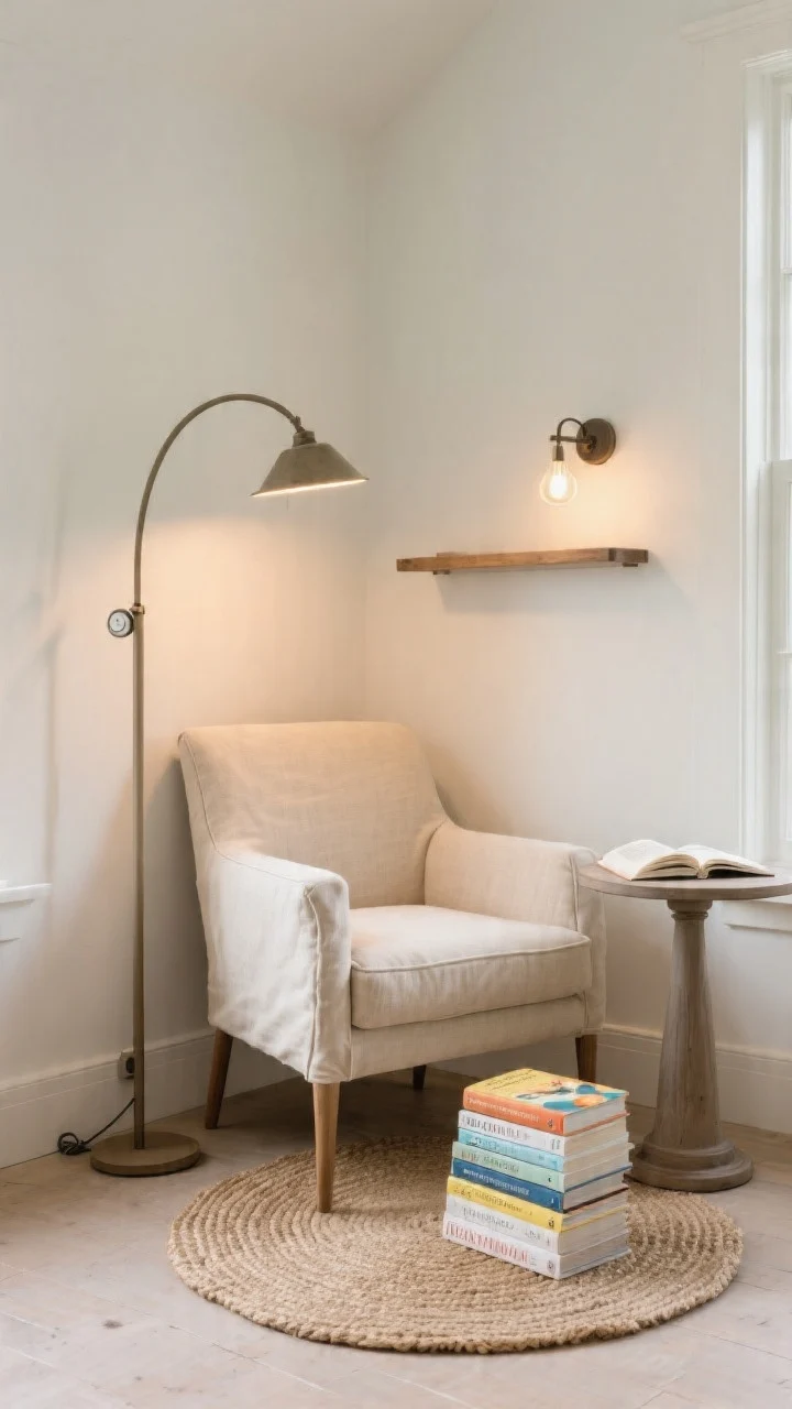 Cozy corner medium shot of a mini summer reading nook: slipcovered linen chair in oatmeal next to a slim pedestal side table; arc floor lamp with a dimmer casting warm, low light; a small jute rug underfoot; a short stack of summer novels on the table; alternate setup visible nearby with a wall-mounted sconce over a floating shelf for tight spaces; inviting, tranquil mood.