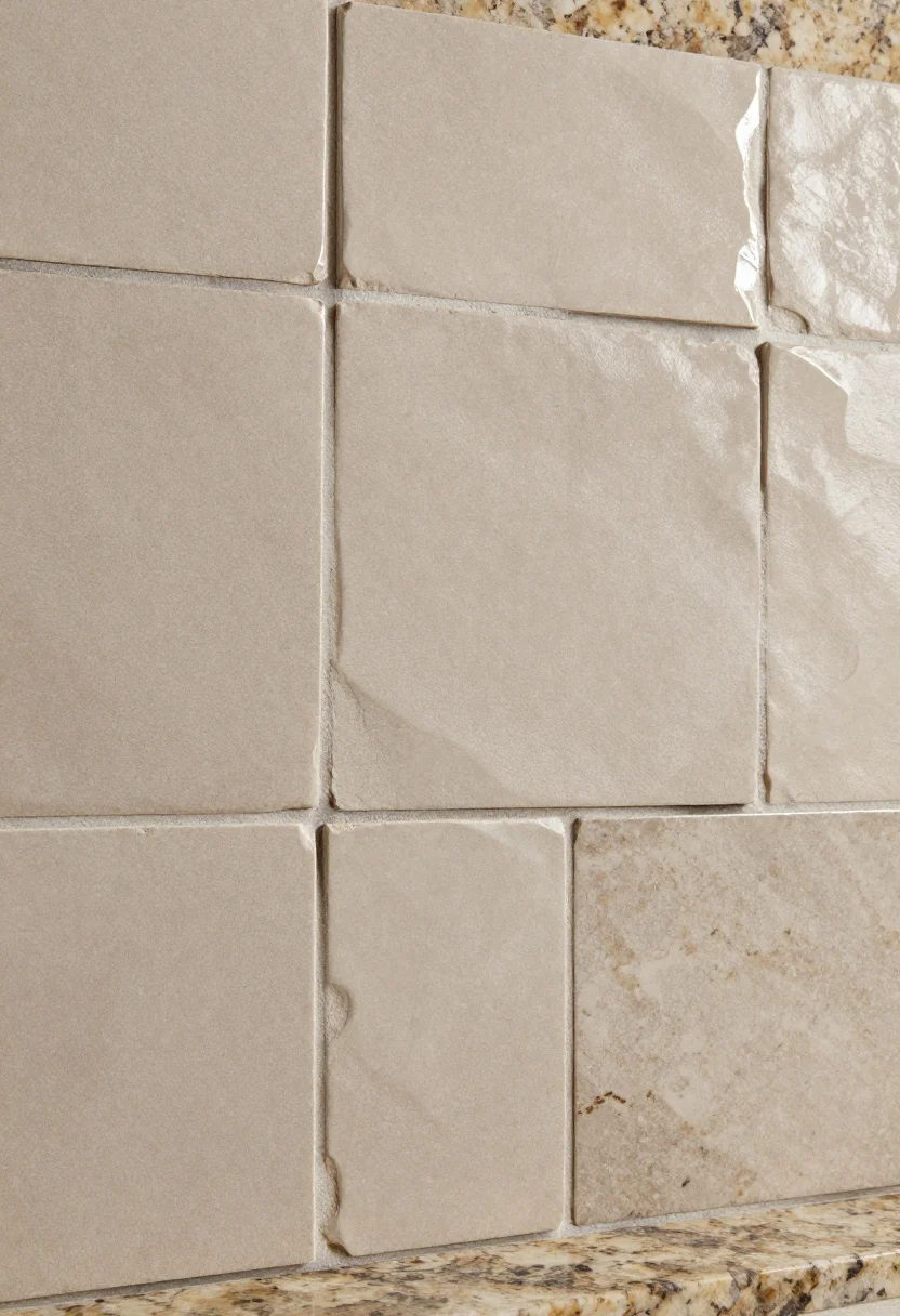 Detail closeup at a slight angle of hand-crafted zellige tiles (4x4) in a soft taupe/mushroom blend with organic surface variation and slightly irregular edges, installed with a tight, color-blended grout line. The tiles sit above a run of Fantasy Brown granite, showing the interplay of artisanal texture with the stone’s warm veining. Natural side light creates gentle shimmer across the uneven glaze; layout is subtly staggered to emphasize the handmade character.