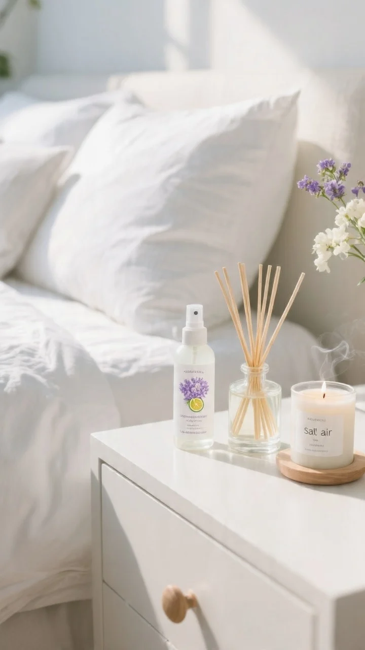 Detail closeup capturing seaside-inspired scent styling: a linen spray bottle labeled lavender-citrus on a neatly made bed with white linen pillows, a minimalist reed diffuser with clear oil and light wood reeds on a nightstand, and a single candle labeled salt air or white tea; subtle, sunlit scene with clean lines and airy florals suggested, no smoke, understated elegance.