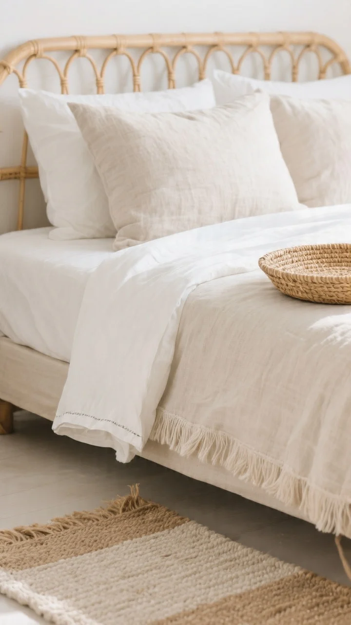 Detail closeup of layered textures like a beach house: crisp cotton percale sheet edge against a slubby linen pillow cover, both in soft neutrals; foreground includes a woven seagrass tray resting on the bed and a hint of a cane headboard behind; lower portion shows a pale flatweave jute-cotton rug; tactile, organic textures in soft daylight, balanced and airy.